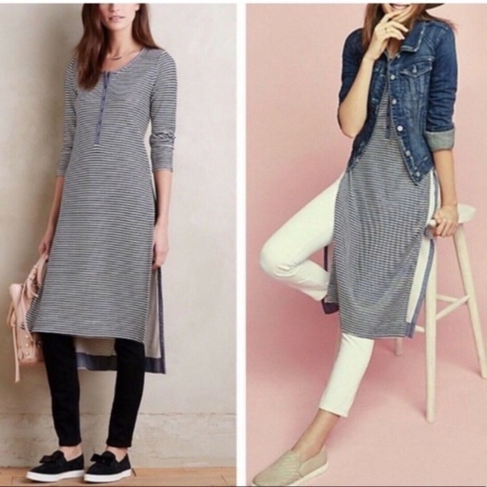 Anthro Postmark Navy White Striped Long Dress with Slits